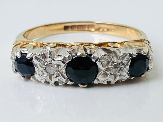 Vintage 9ct Gold Sapphire & Diamond Ring