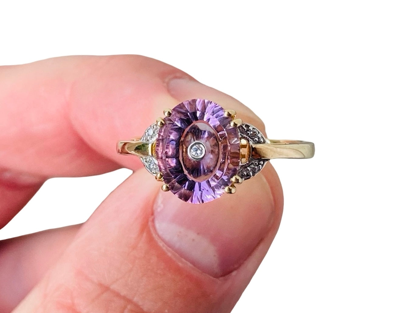 9ct Gold Lehrer Amethyst & Diamond Ring