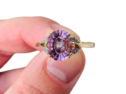 9ct Gold Lehrer Amethyst & Diamond Ring