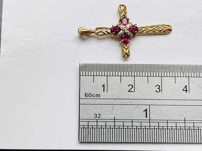 9ct Gold Rhodolite Garnet & Diamond Cross Pendant