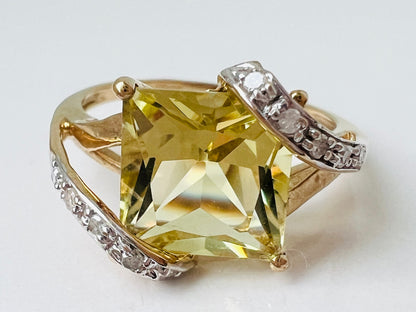 9ct Gold Lemon Quartz & Diamond Ring