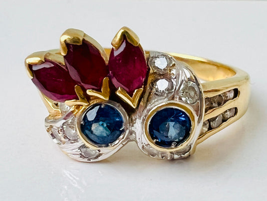 Vintage 18ct Gold Ruby, Sapphire & Diamond Ring