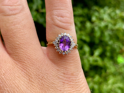 Vintage 9ct Gold Amethyst & Diamond Ring