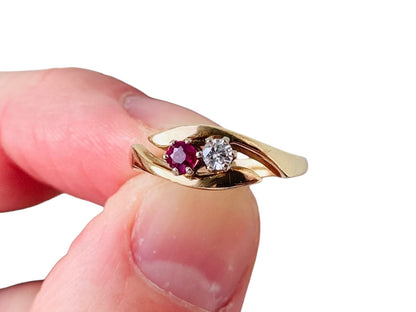 Vintage 9ct Gold Toi Et Moi Two Stone Ruby & Diamond Ring