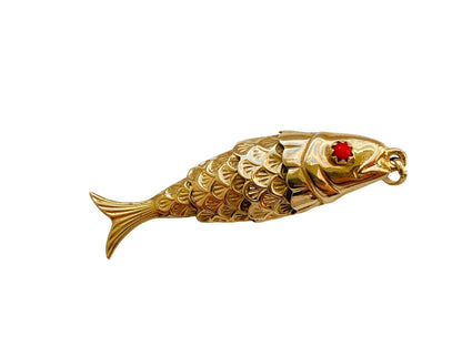 Vintage 9ct Gold Articulated Fish Pendant Or Charm