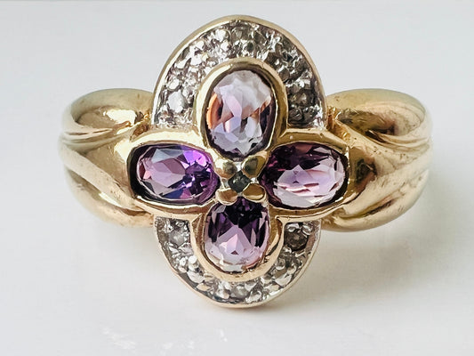 Vintage 9ct Gold Amethyst & Diamond Ring