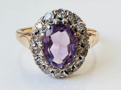Vintage 9ct Gold Amethyst & Diamond Ring