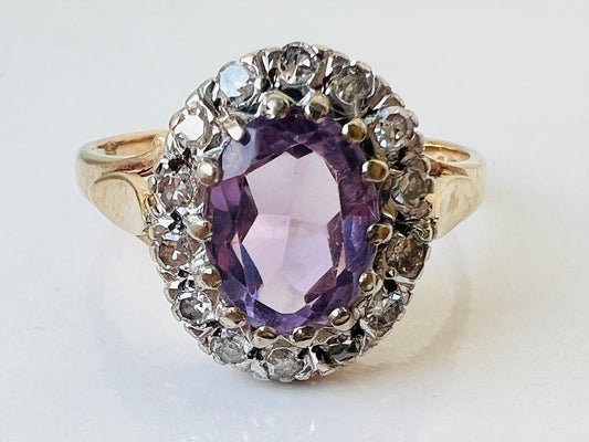 Vintage 9ct Gold Amethyst & Diamond Ring