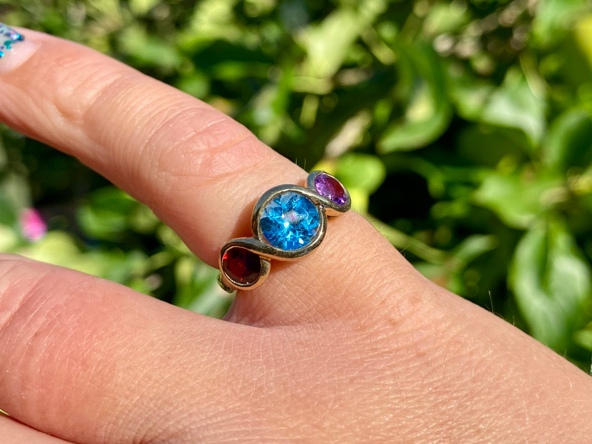 9ct Gold Topaz, Amethyst & Garnet Ring