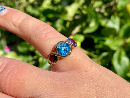 9ct Gold Topaz, Amethyst & Garnet Ring
