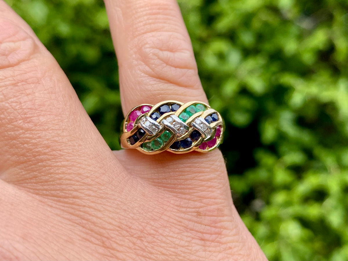 9ct Gold Sapphire, Ruby, Emerald & Diamond Ring