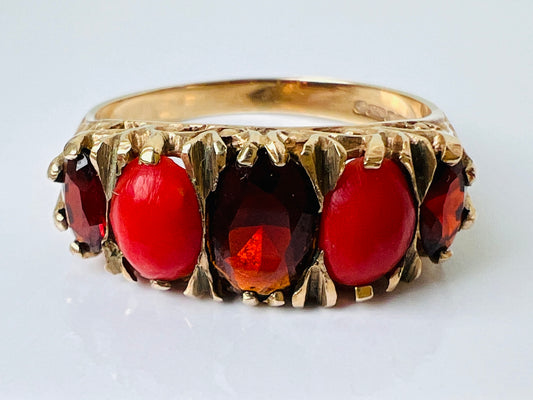 Vintage 9ct Gold Coral & Garnet Ring