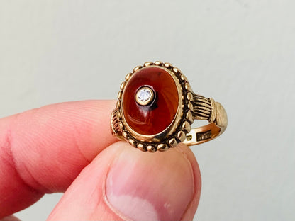 Vintage 9ct Gold Amber & Diamond Ring