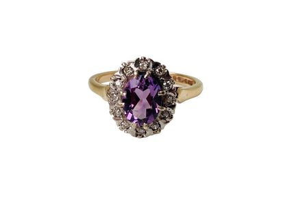 Vintage 9ct Gold Amethyst & Diamond Ring