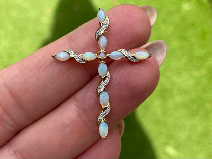 9ct Gold Opal & Diamond Cross Pendant