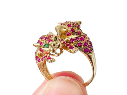 9ct Gold Ruby & Emerald Double Panther Ring