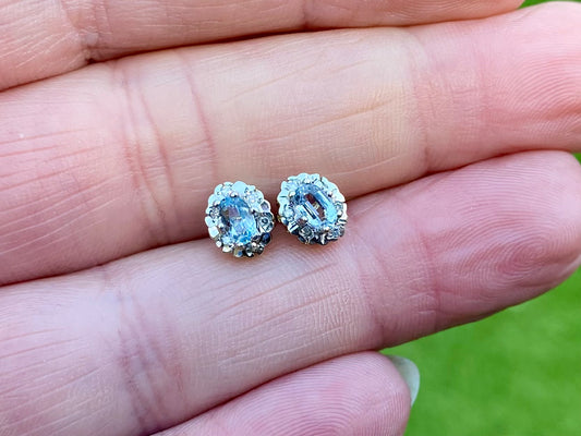 Vintage 9ct Gold Aqumarine Diamond Earrings