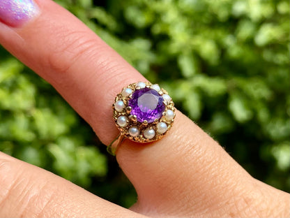 Vintage 9ct Gold Amethyst & Pearl Ring
