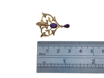 Vintage 9ct Gold Amethyst & Pearl Pendant