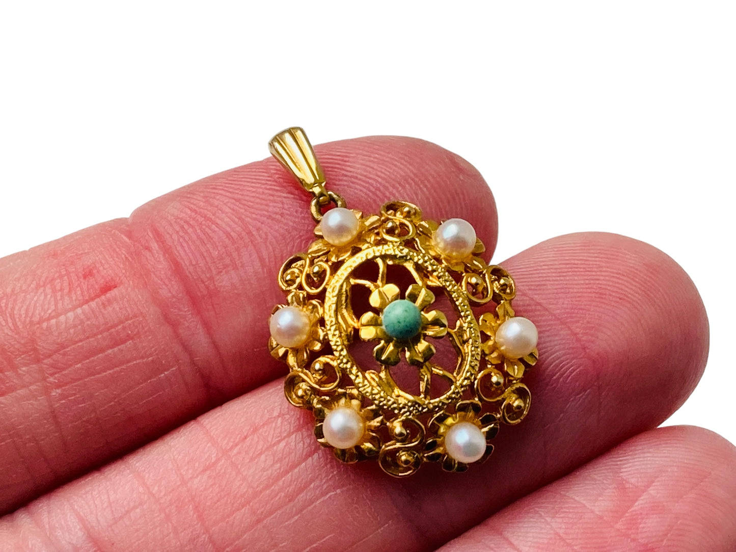 Vintage 9ct Gold Turquoise & Pearl Pendant