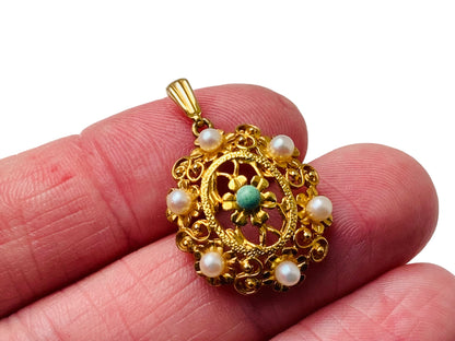 Vintage 9ct Gold Turquoise & Pearl Pendant