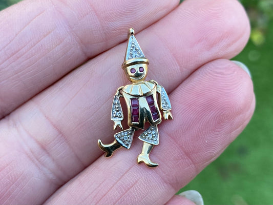 9ct Gold Articulated Ruby & Diamond Clown Pendant