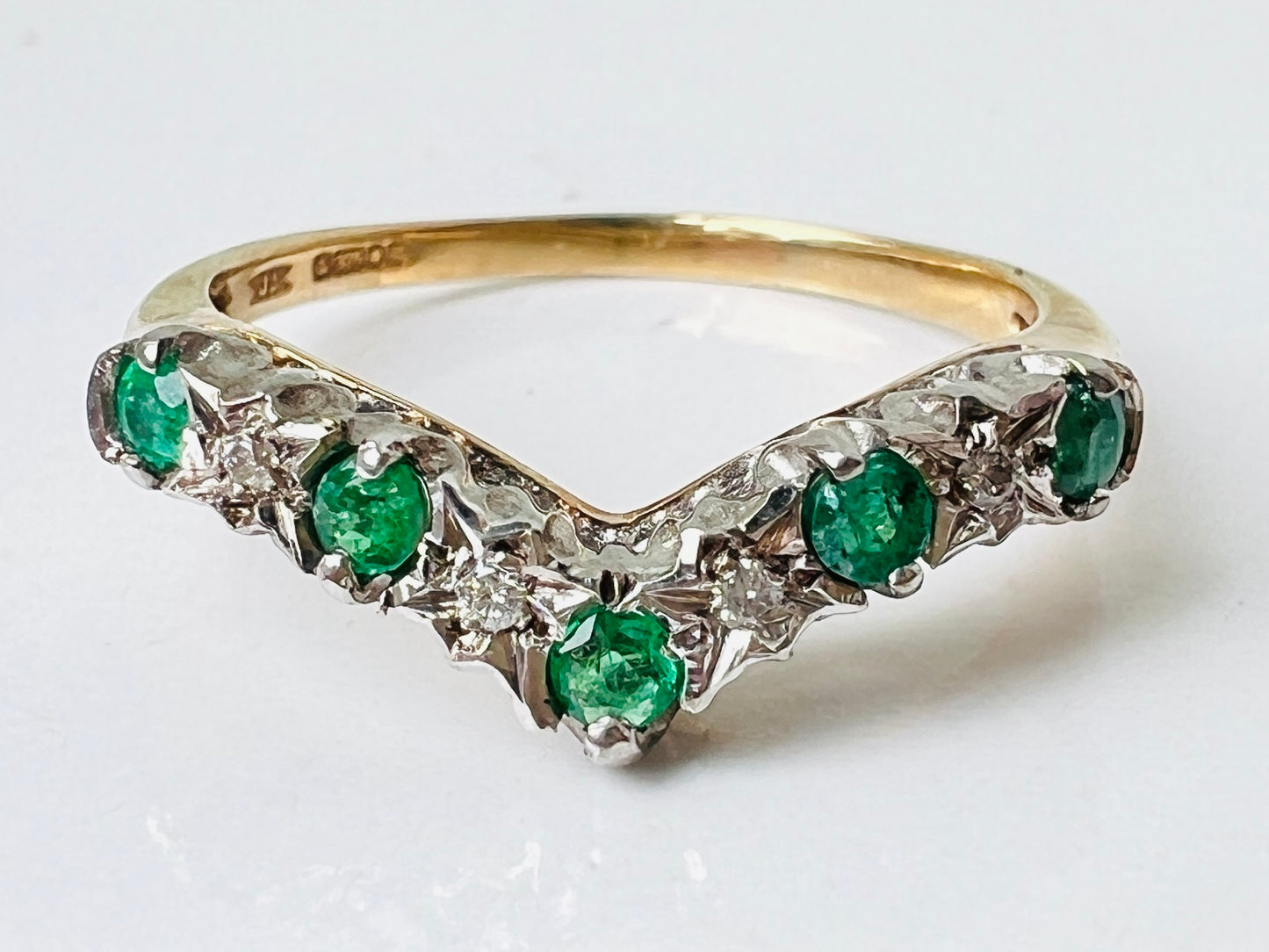 9ct Gold Emerald & Diamond Wishbone Ring