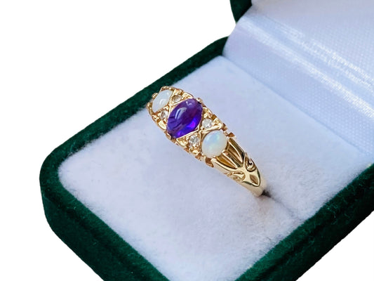 Vintage 9ct Gold Amethyst, Opal & Diamond Ring