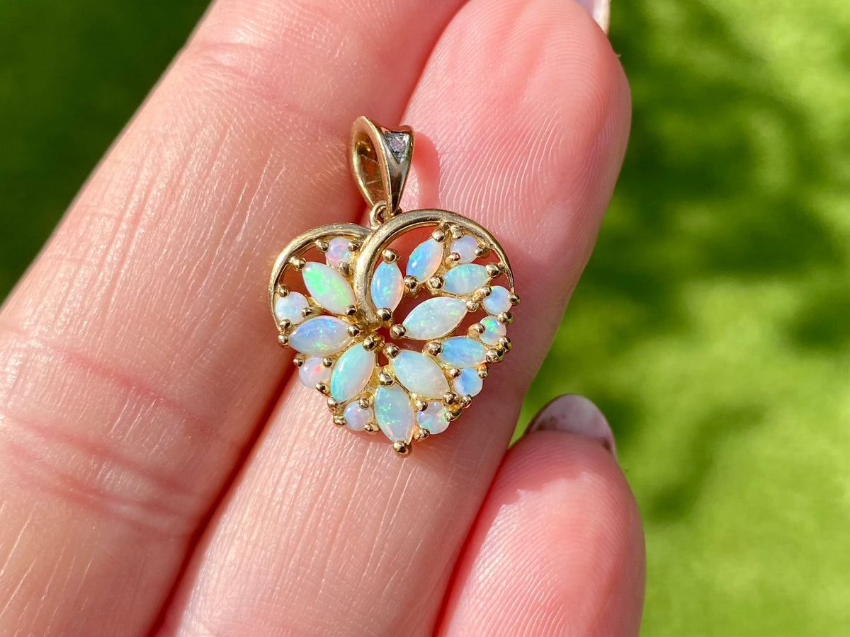 9ct Gold Opal & Diamond Heart Pendant