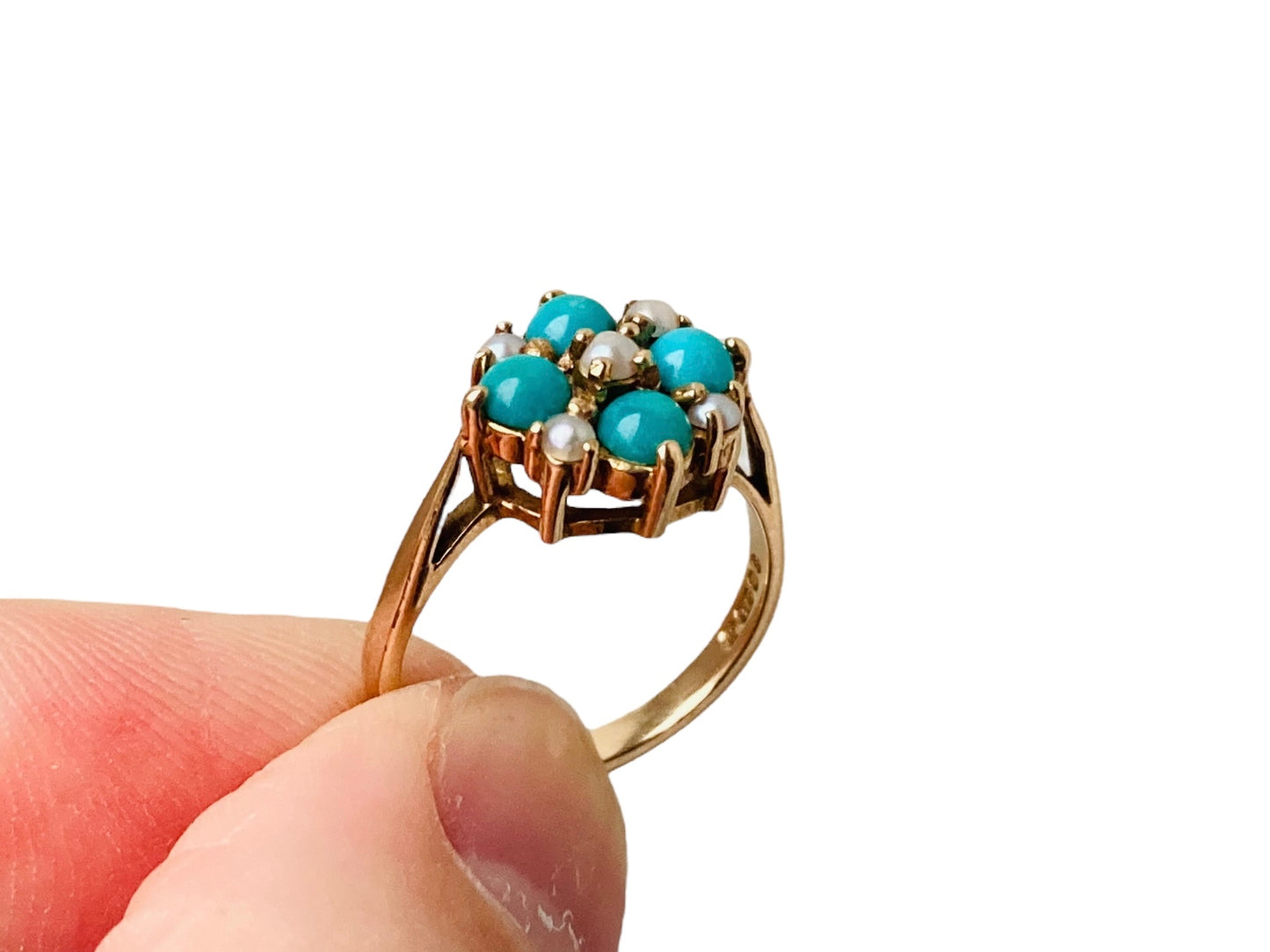 Vintage 9ct Gold Turquoise & Pearl Ring