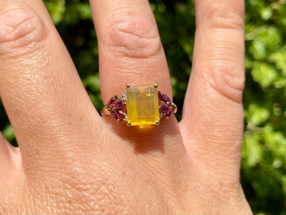 9ct Gold Citrine, Rhodolite Garnet & Diamond Ring