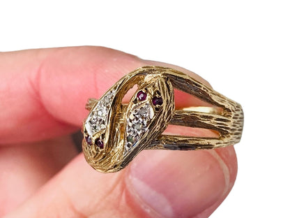Vintage 9ct Gold Ruby & Diamond Snake Ring