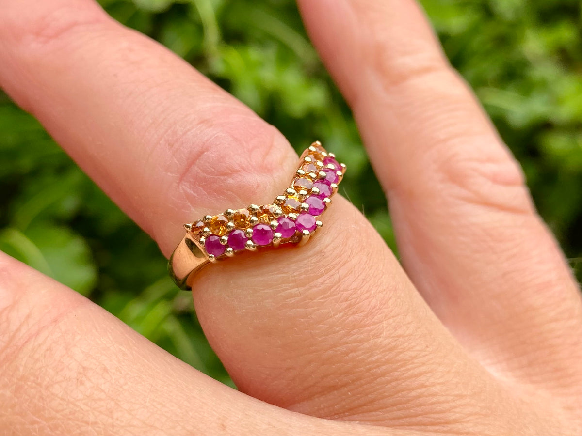 9ct Gold Ruby & Citrine Wishbone/Chevron Ring