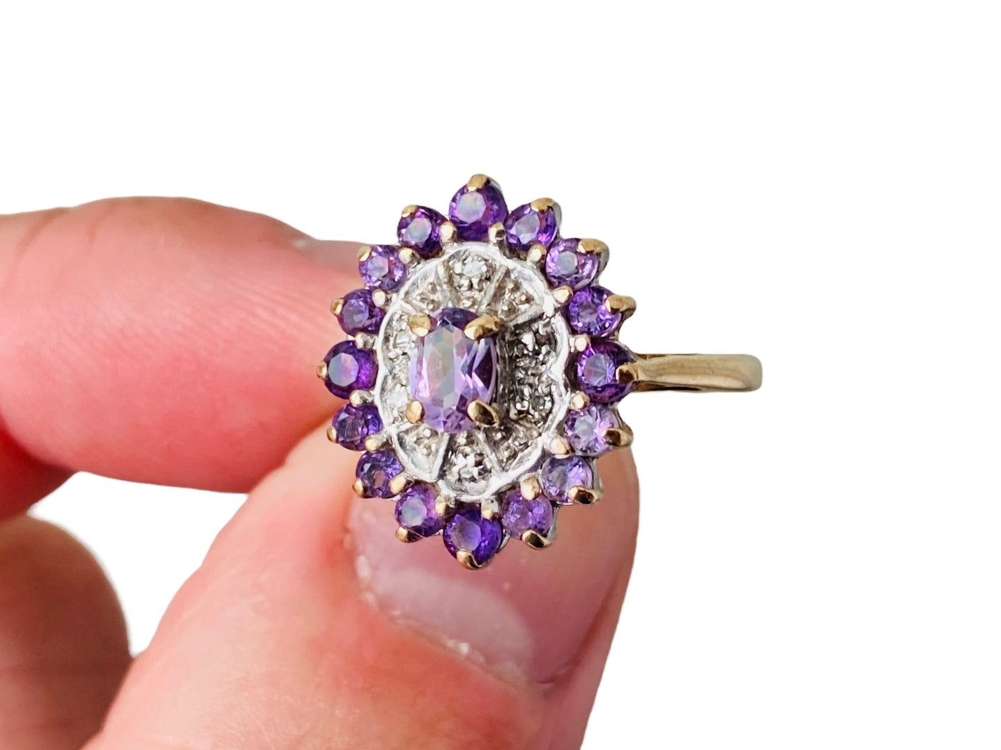 Vintage 9ct Gold Amethyst & Diamond Ring