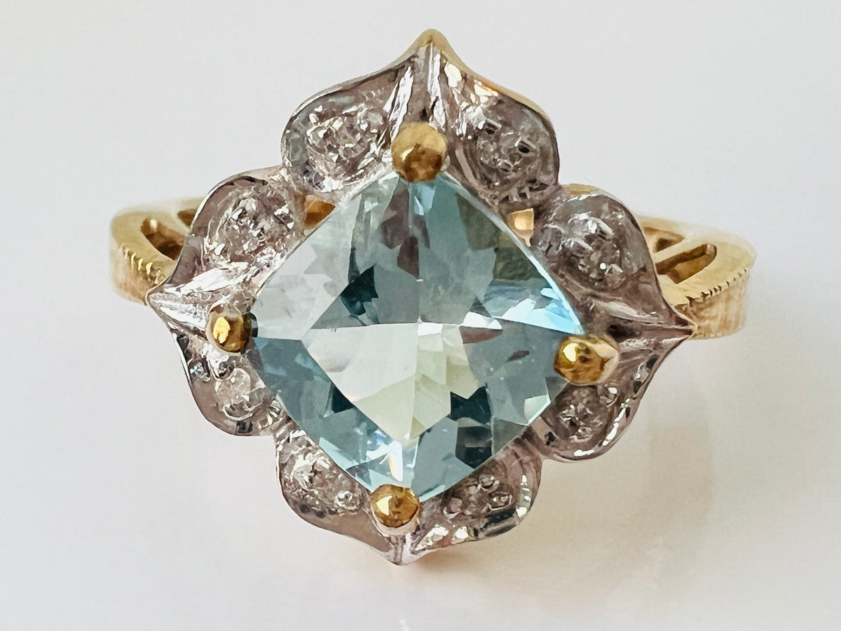 9ct Gold Aquamarine & Diamond Ring