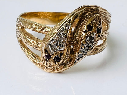 Vintage 9ct Gold Ruby & Diamond Snake Ring