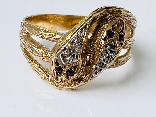 Vintage 9ct Gold Ruby & Diamond Snake Ring