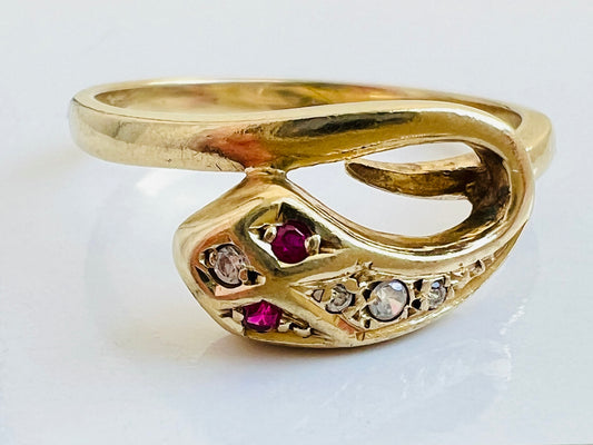 Vintage 9ct Gold Ruby & Zircon Snake Ring