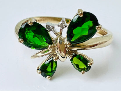9ct Gold Diopside & Diamond Butterfly Ring