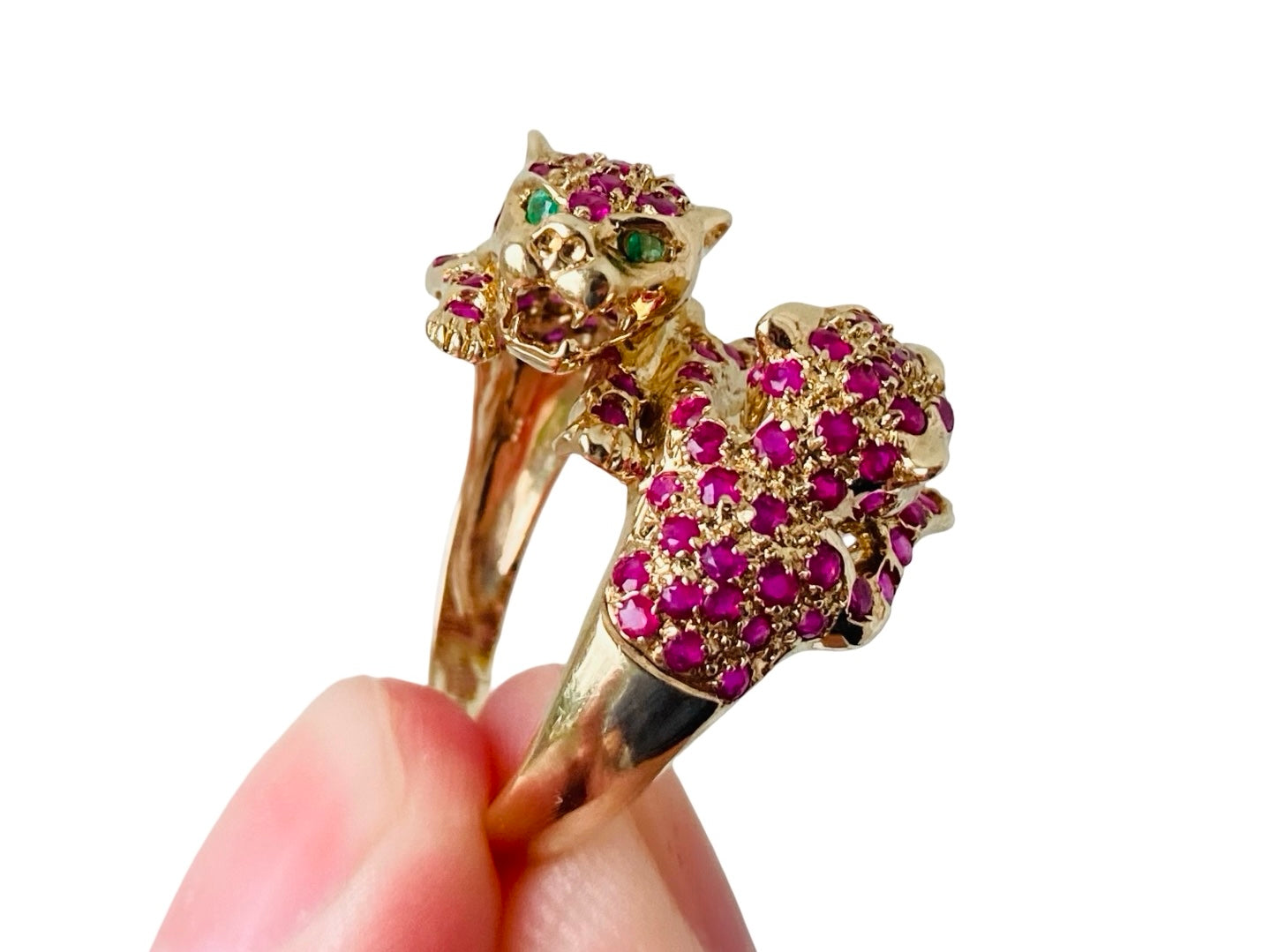 9ct Gold Ruby & Emerald Double Panther Ring