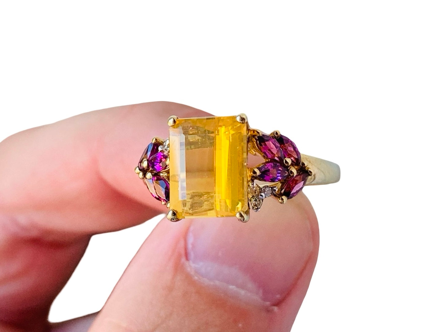 9ct Gold Citrine, Rhodolite Garnet & Diamond Ring
