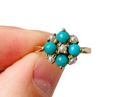 Vintage 9ct Gold Turquoise & Pearl Ring