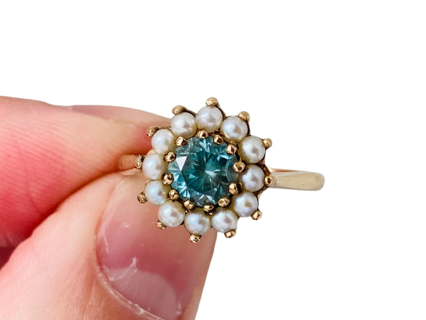 Vintage 9ct Gold Blue Zircon & Pearl Ring