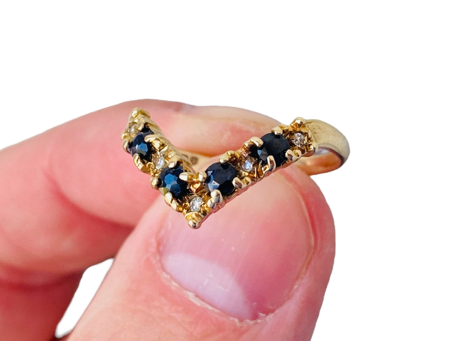 Vintage 9ct Gold Sapphire & Diamond Wishbone / Chevron Ring