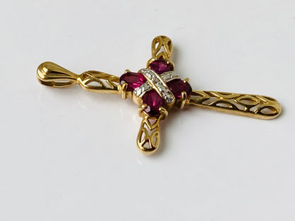 9ct Gold Rhodolite Garnet & Diamond Cross Pendant