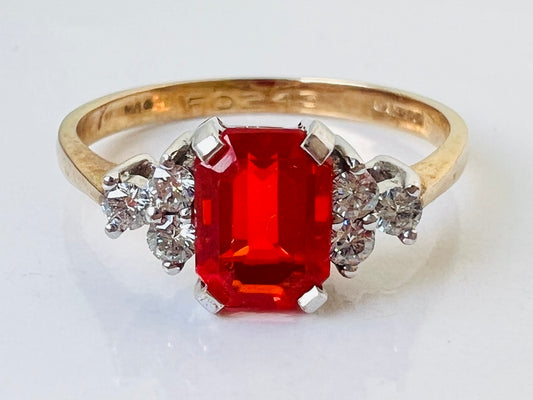 Vintage 9ct Gold Fire Opal & Diamond Ring