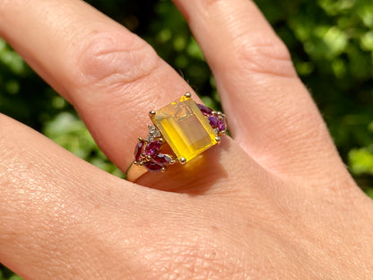 9ct Gold Citrine, Rhodolite Garnet & Diamond Ring