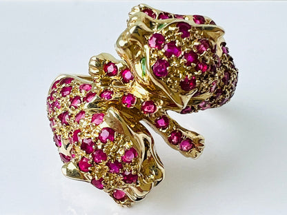 9ct Gold Ruby & Emerald Double Panther Ring
