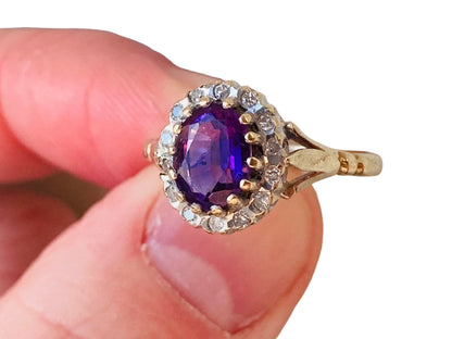Vintage 9ct Gold Amethyst & Diamond Ring