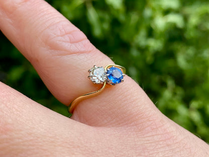 Antique 18ct Gold Sapphire & Diamond Toi Et Moi Ring